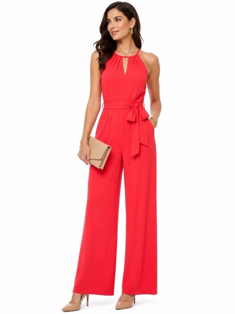 Lauren Ralph Lauren Red Keyhole Halter Wide Leg Jumpsuit Petite M